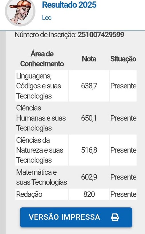 Resultado ENEM Leo 923 e 1000